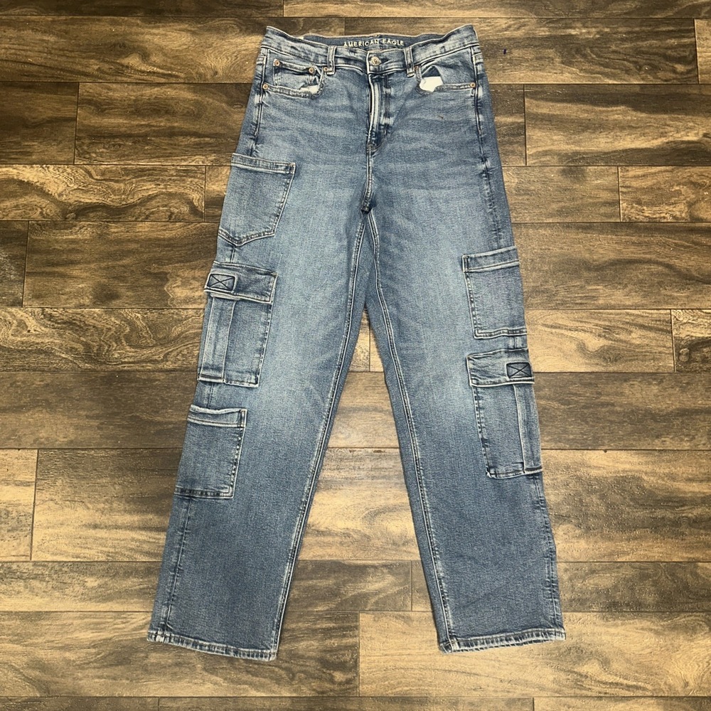 American Eagle Jeans Super High-Rise Baggy Straight Cargo Denim Women's Size 10